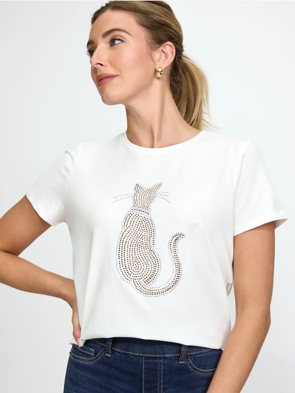 Laura Cat Logo Rhinestone Modal-Blend T-Shirt Ivory